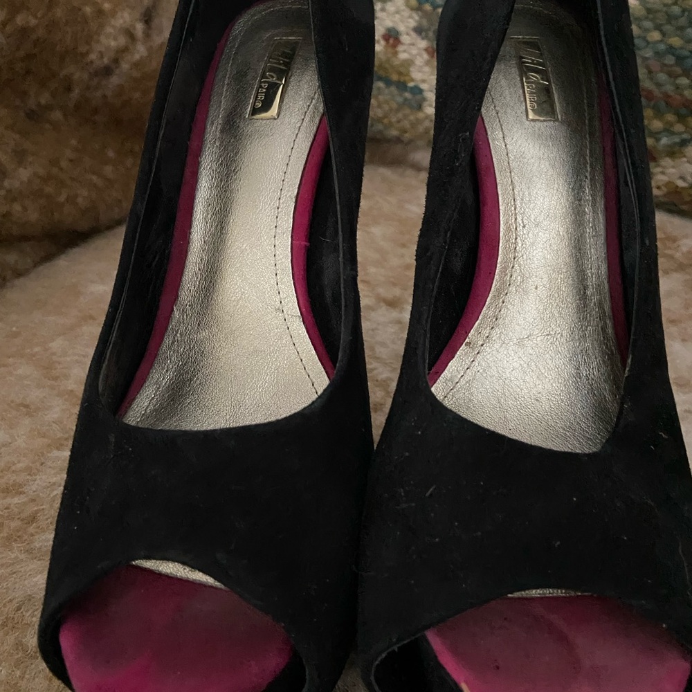 Black and Pink Peep-Toe Heels